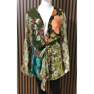J.Jill Women's Blouse Top Floral Wrap Tie‎ Waist M Bell Sleeves Boho Coverup